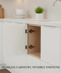 Open cabinet door showing adjustable concealed cross hinge for cabinet doors with zinc alloy invisible hardware and chrome finish