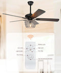 Rad Retro Style Ceiling Fan With Lights And Diamond Crystal Lampshade, Five Blade Rustic Wood Finish, Remote Control
