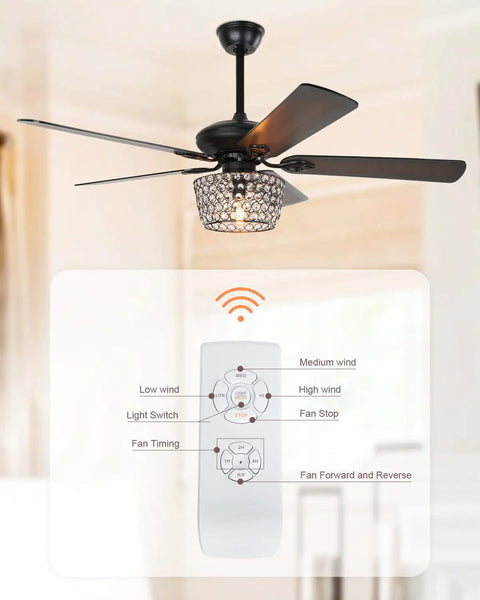 Rad Retro Style Ceiling Fan With Lights And Diamond Crystal Lampshade, Five Blade Rustic Wood Finish, Remote Control