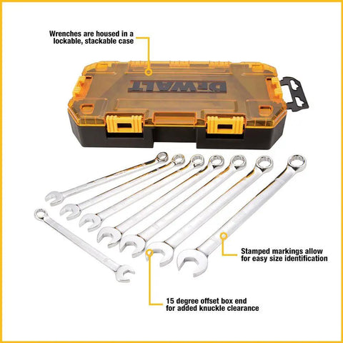 Metric 8-Piece Combination Wrench Set With Lockable Stacking Case, Double-Stamped Sizes, Full Polish Chrome, and 13 Degree Offset