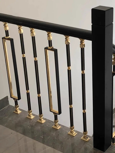 Adjustable Black Stair Railing Spindles Built Like A Tank For No Fuss Mounting Square Aluminum Baluster Posts Heavy Duty balcony fence support with gold accents.