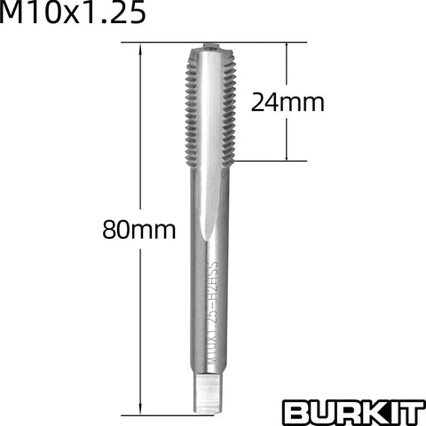 M10 X 1.25 Tap And Die Set For Right Hand Threads, 3.15 Inch Tap Length, visible with measurements
