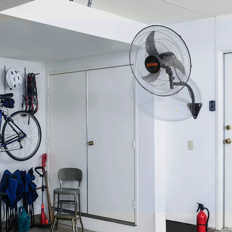 20 Inch Wall Mount Oscillating Fan With Three Speed Beefy Airflow Up To 4650 CFM for indoor use in a garage with durable metal construction