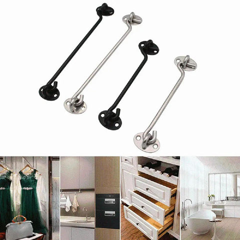 WUUWCHODC Snap Latch Hook for Gate Cabin Shed Heavy Duty Push Button in black and silver, shown in various interior applications.
