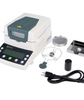 Top Shelf Halogen Moisture Analyzer For Food And Industrial Labs Featuring Snappy 110 Gram Capacity No Sweat 0.01 Percent Accuracy Includes Durable Sample Trays And Easy RS232 Data Link with accessories.