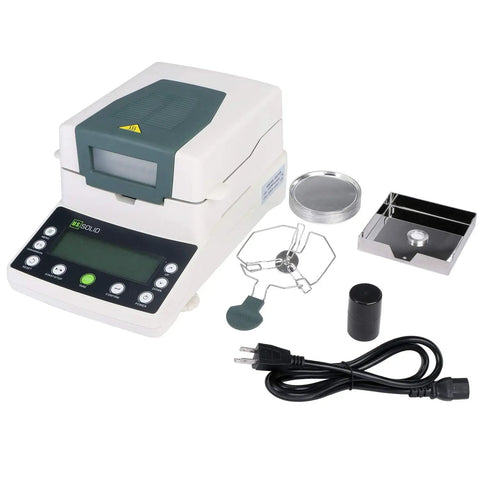 Top Shelf Halogen Moisture Analyzer For Food And Industrial Labs Featuring Snappy 110 Gram Capacity No Sweat 0.01 Percent Accuracy Includes Durable Sample Trays And Easy RS232 Data Link with accessories.