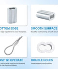 100 Pack 1/16 Inch Aluminum Crimping Sleeves Loops For 1.5mm Wire Rope Ferrules Built To Last For DIY Projects, Marine Gear, Camping, And Outdoor Use. Side view with double-hole aluminum crimp sleeve on wire rope
