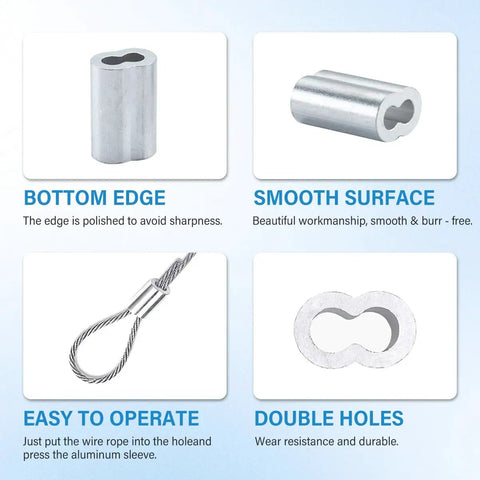 100 Pack 1/16 Inch Aluminum Crimping Sleeves Loops For 1.5mm Wire Rope Ferrules Built To Last For DIY Projects, Marine Gear, Camping, And Outdoor Use. Side view with double-hole aluminum crimp sleeve on wire rope