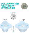 Large Disposable Hair Catcher Strainers For Bathroom Sink And Bathtub Drain 25 Pack White showing size options small and large.