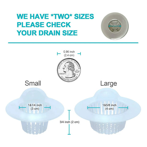 Large Disposable Hair Catcher Strainers For Bathroom Sink And Bathtub Drain 25 Pack White showing size options small and large.