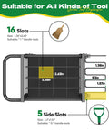 Diagram showing slot sizes of Heavy Duty 3 Tier Metal Garden Tool Organizer On Wheels With Side Hooks for shovels and brooms.