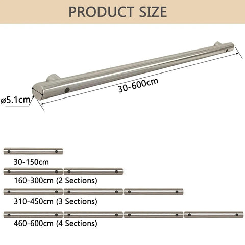 Heavy Duty Stainless Steel Handrail For Stairs And Decks Round Pipe Railing System Wall Mounted Indoor Outdoor 16 Foot Length dimensions illustration showing various lengths and pipe diameter
