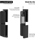 Seven Inch Heavy Barrel Gate Hinges Built Tough As Nails Rock Solid Steel Construction Supports 900 Pounds Weld On Matte Black Finish Perfect For Fence Gates And Driveway Ramps Two Pack shown with greaseable ball and bearing design.
