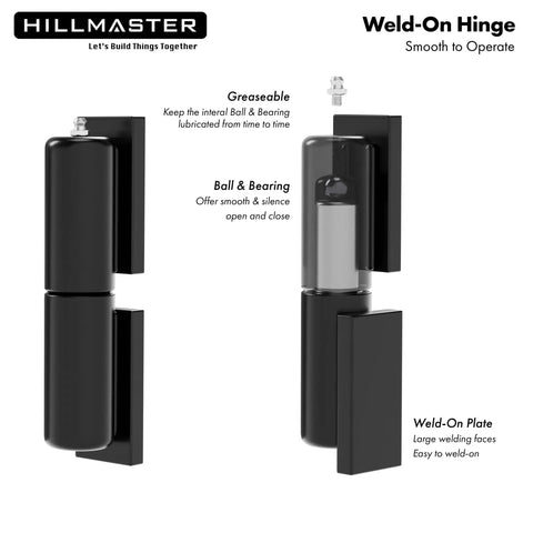 Seven Inch Heavy Barrel Gate Hinges Built Tough As Nails Rock Solid Steel Construction Supports 900 Pounds Weld On Matte Black Finish Perfect For Fence Gates And Driveway Ramps Two Pack shown with greaseable ball and bearing design.