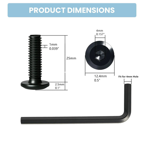 Product dimensions showing 24 Piece M6 X 25mm Hex Socket Flat Head Bolts Heavy Duty Carbon Steel Black Oxide Finish.