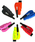 Emergency Keychain Car Escape Tool Pack Of 2, 2-In-1 Seatbelt Cutter And Window Breaker in assorted colors arranged in a circle.