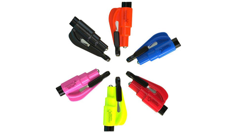 Emergency Keychain Car Escape Tool Pack Of 2, 2-In-1 Seatbelt Cutter And Window Breaker in assorted colors arranged in a circle.