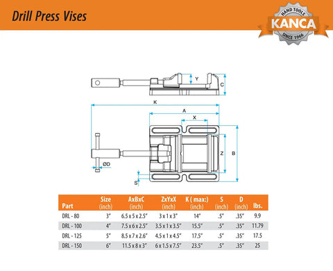 Technical drawing of Low Profile Drill Press Vise 4 Inch DRL 100 Built Tough For Drilling Reaming And Tapping Projects In The Shop