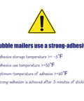 Adhesive guidelines for Pink Side-Loading Bubble Mailers 13 x 10 Inches Self-Seal Padded Envelopes highlighted with caution symbol.
