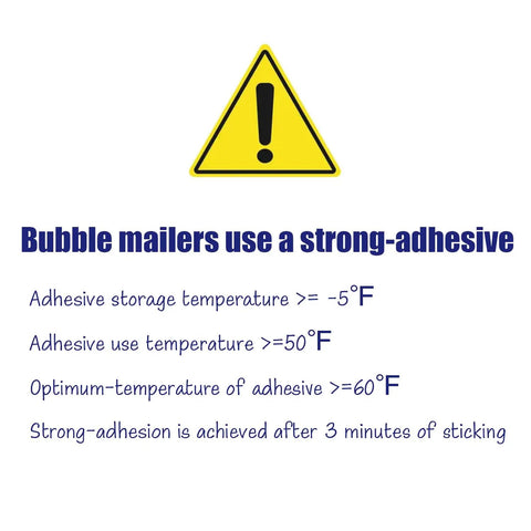 Warning sign with adhesive temperature guidelines for navy side loading bubble mailers 13 x 10 inches self seal padded envelopes.
