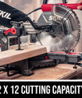 Powerful 15 Amp Sliding Compound Miter Saw With Dual Bevel And LED Shadow Line Delivers 4800 RPM For Fast Clean Crosscuts 2x12 Cutting Capacity Four Positive Stop Angles At 48 Left 45 Left 0 And 45 Right Built For The Jobsite cutting through wood horizontally on workshop table