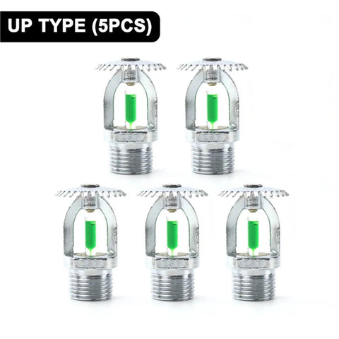 Top Shelf Pendent And Upright Fire Sprinkler Heads One Half Inch Dn Fifteen Copper Frame Glass Bulb Armor For Gymnasiums And Commercial Buildings Five Pack, upright design with green glass bulbs.