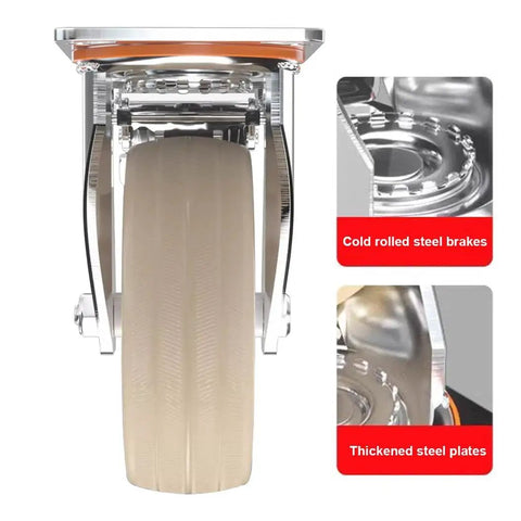 Four Pack Heavy Duty Eight Inch Swivel Castor Wheels With Dual Locking Brakes And Badass Reinforcements view, steel frame, thickened plates, nylon wheel.