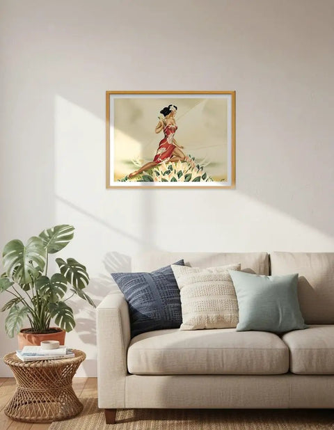 Wahine In Red Outrigger Canoe Vintage Hawaiian Airbrush Art Print From The 1930s Master Level Unframed 10x14 Wall Decor above couch