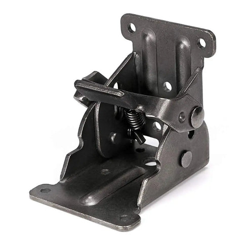 Heavy Duty Rock Solid Foldable Brackets Featuring Self Locking Hinges and Bulky Steel Extensions For Fixing Wobbly Table and Bed Legs On Any Workbench Including Screws Pack Of Four close-up of steel hinge with spring mechanism.