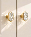 Gold Diamond Shaped Crystal Cabinet Knobs 4 Pack With Metal Base Decorative Drawer Knobs For Kitchen Cabinets Bathroom Vanity Wardrobe Drawers And Closets installed on white cabinet