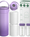 Portable Breast Milk Cooler Bottle With Touch Temp Display And Color Coded Safety Alert For Travel, purple and white design, includes measuring containers.