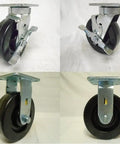 Heavy Duty 6 Inch Phenolic Caster Wheels Kingpinless Swivel With Brake Rigid Set showing 4 angles, durable steel plates and phenolic wheels.