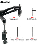 Precision Cantilever Tapping Arm For Hand Drill With Flexible Vertical Tap Guide Heavy Duty Aluminum Build showing setup with drill chuck key and allen wrenches.
