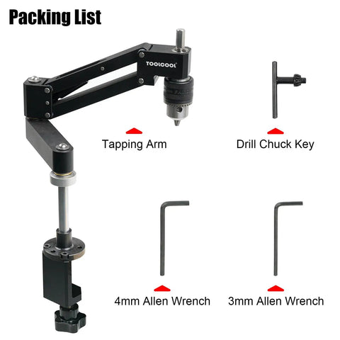 Precision Cantilever Tapping Arm For Hand Drill With Flexible Vertical Tap Guide Heavy Duty Aluminum Build showing setup with drill chuck key and allen wrenches.