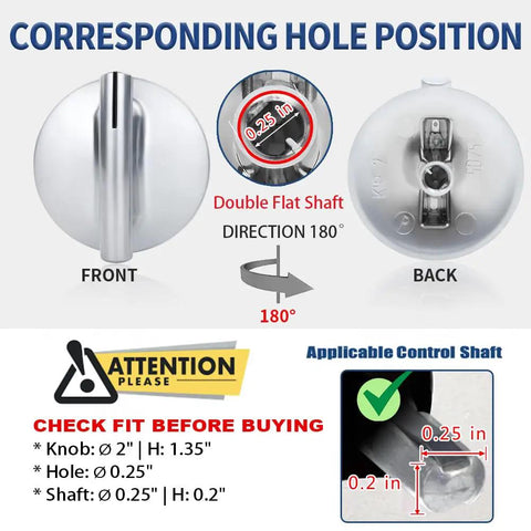 Image showing front and back views of the 4 Pack Cooktop Burner Knob Replacement For Stoves And Ranges 74010839 Double Flat Shaft.