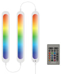 RGB Under Cabinet Lighting Kit With Motion Sensor, showcases 3 ultra thin panels and remote, vibrant colors displayed.
