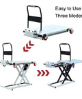 Rock Solid Heavy Duty Electric Hydraulic Scissor Lift Table 660 Pound Capacity With Lockable Brake Casters Foldable Shop Rig in three modes of use.