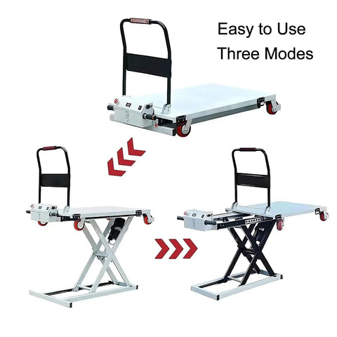 Rock Solid Heavy Duty Electric Hydraulic Scissor Lift Table 660 Pound Capacity With Lockable Brake Casters Foldable Shop Rig in three modes of use.