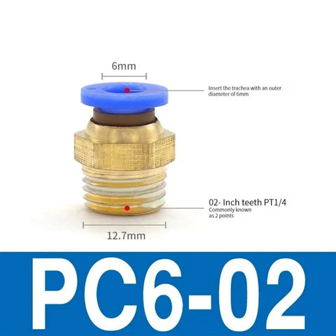 Shop Ready Universal Pneumatic Quick Release Air Line Connector Fitting For 4mm 12mm Tubing With 1/8 To 1/2 Inch Npt Threads, brass fitting with blue cap.