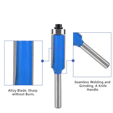 Four Piece One Quarter Inch Shank Top Bearing Flush Trim Router Bit Set With Diameters One Quarter, Five Sixteenths, Three Eighths, And One Half Inch For Veneer Flush Trimming And Template Work Pro Grade Kit For Precise Repeats showing blade details.