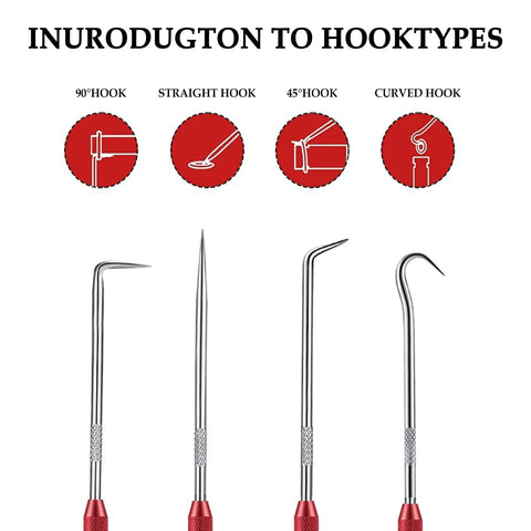 Carbon Steel Hook And Pick Set For Auto Repair, Double Ended Tool With Four Heads, 90 Degree Straight 45 Degree And Curved Hooks, Red