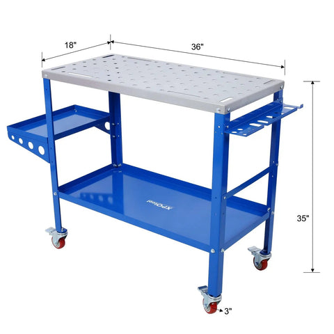 Rock Solid Carbon Steel Welding Table With Smart Tool Tray And Easy Rolling Locking Casters 36 By 18 Inches bears up to 1200 pounds shown from side angle.