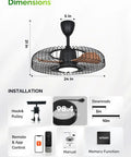 Outdoor 24 Inch Weatherproof Ceiling Fan With Lights For Patio Remote And App Control shown with dimensions and accessories