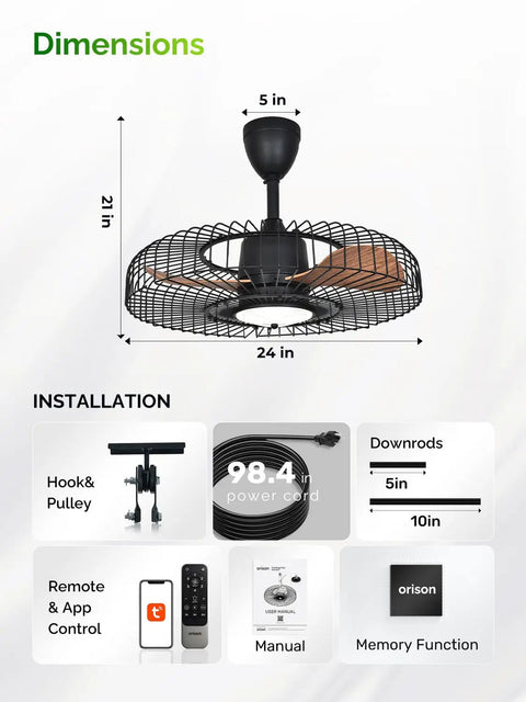 Outdoor 24 Inch Weatherproof Ceiling Fan With Lights For Patio Remote And App Control shown with dimensions and accessories