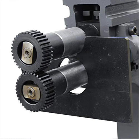 Close-up of the dual gear mechanism on the Badass Heavy Duty Electric Bead Roller And Sheet Metal Crimper With 8 Inch Throat Depth.
