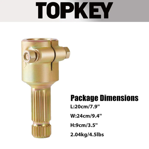 Heavy Duty Pinch Bolt PTO Adapter Reducer Swaps 1-3/4 20 Spline Female Down To 1-3/8 21 Spline Male showing gold finish and dimension details.