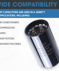 216-259 UF Round Motor Start Capacitor 220-250V AC for Single Phase Motors, shown with compatibility list.