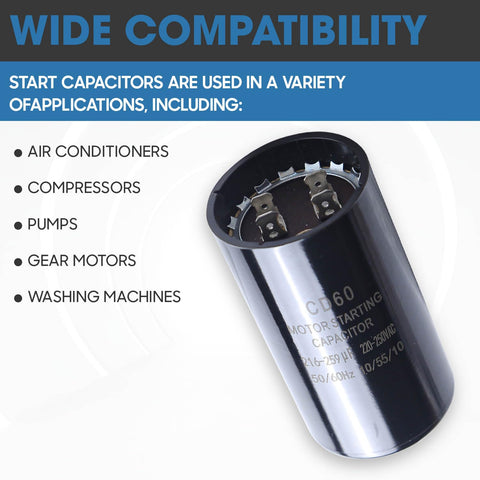 216-259 UF Round Motor Start Capacitor 220-250V AC for Single Phase Motors, shown with compatibility list.
