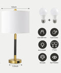 Image of Pair of Table Lamps for Living Room and Bedroom, 3-Way Dimmable Touch Control, USB Ports, Modern Gold Nightstand Lamps with dimensions