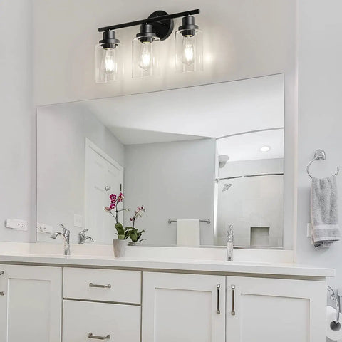 3 Light Vanity Fixture With Glass Shade Over Mirror 4000K Black Vanity Light Bulbs Included Wall Mount in modern bathroom setting